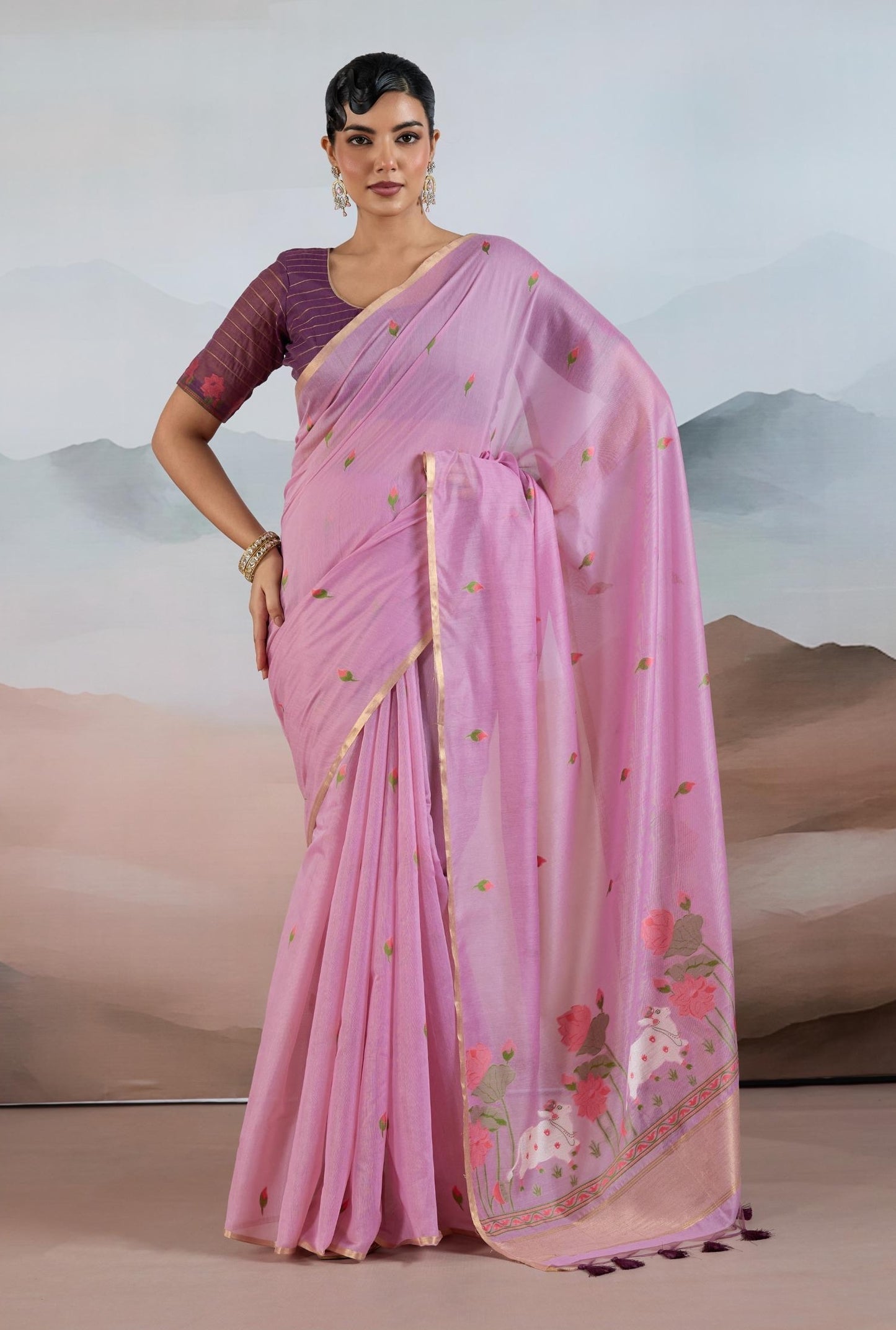 Lavender Spun Cotton Readymade/Easy Saree