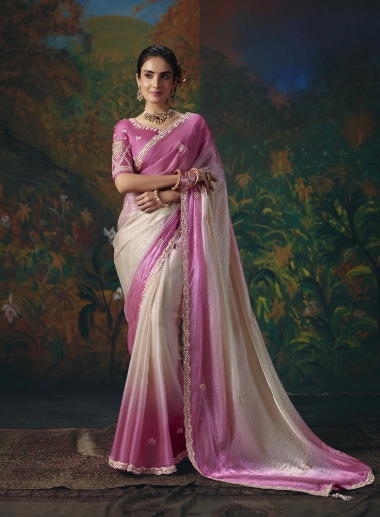 Ready-to-wear tissue silk saree in pink and cream, with embellished trim and short-sleeve blouse.