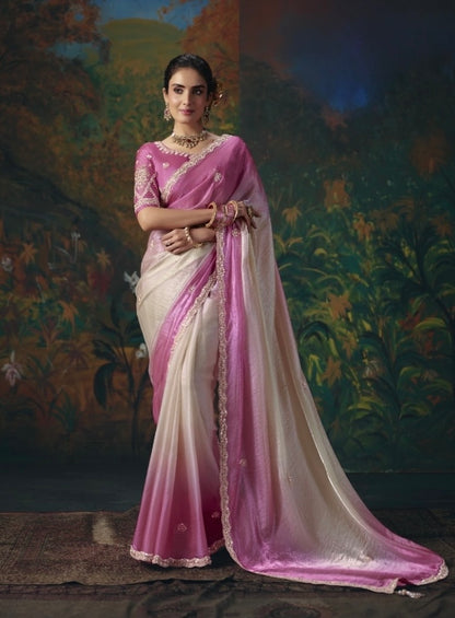 Ready-to-wear tissue silk saree in pink and cream, with embellished trim and short-sleeve blouse.