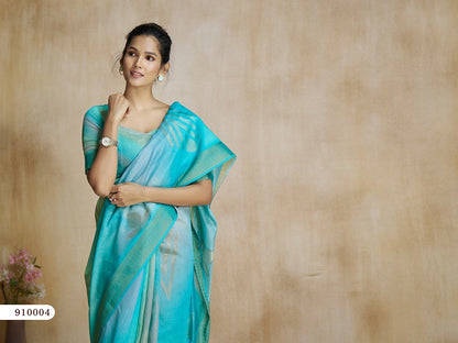 Turquoise Tone Digital Print Silk Readymade/Easy Saree