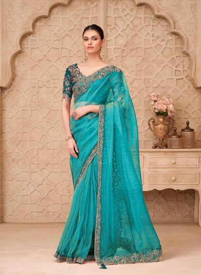 Aqua Teal Designer Silk Ready to wear/Easy Saree - Panaash Saree