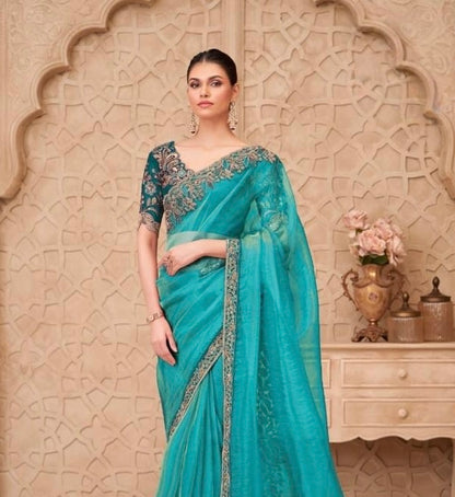 Aqua Teal Designer Silk Ready to wear/Easy Saree - Panaash Saree