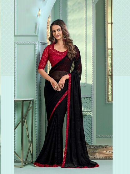 Black & Red Cocktail Georgette Readymade Saree