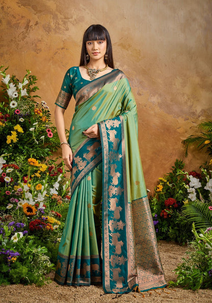 Light Green Tone Kanjivaram Silk Readymade/Easy Saree