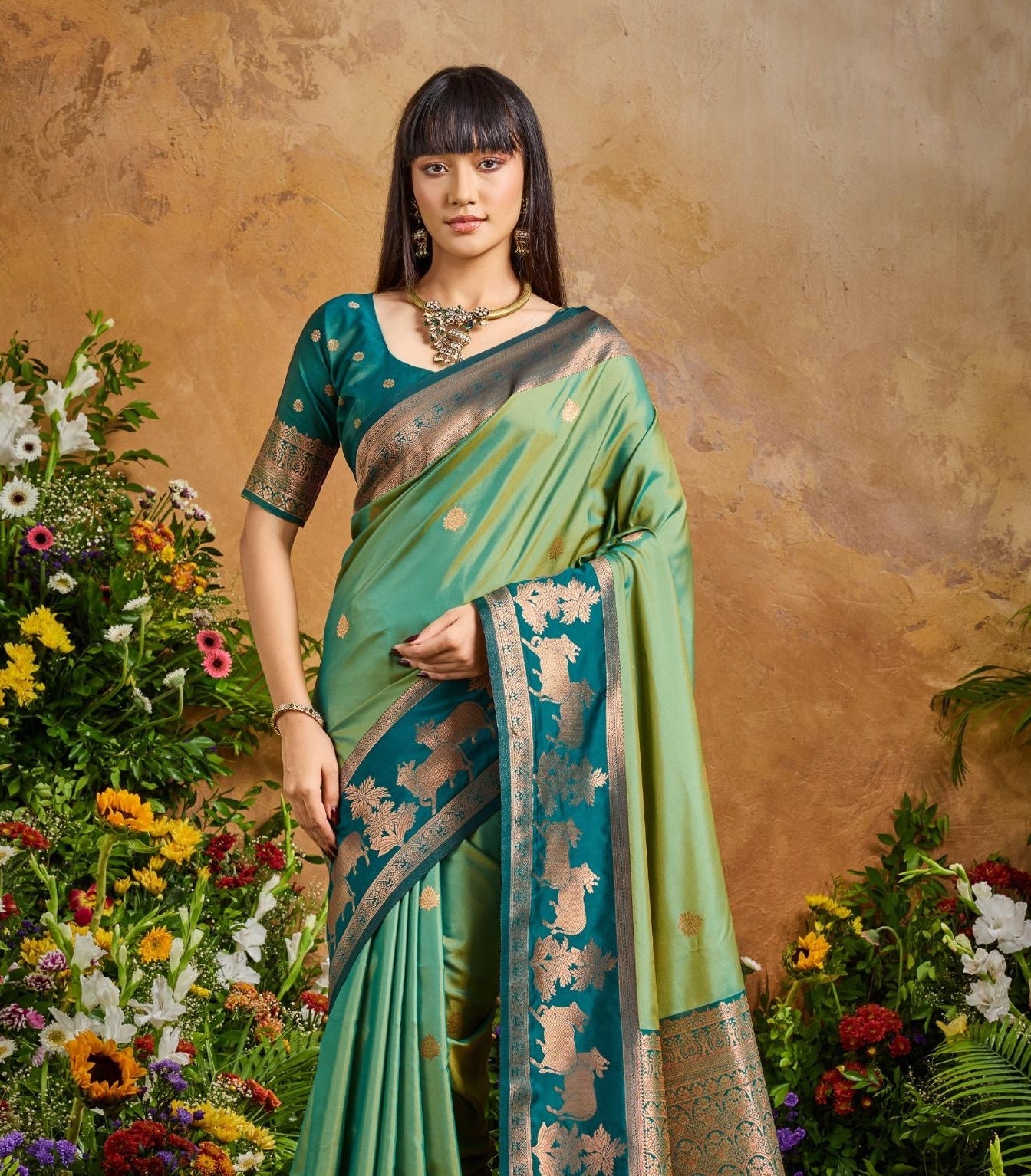 Light Green Tone Kanjivaram Silk Readymade/Easy Saree
