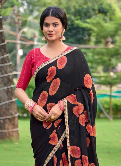 Black Georgette Readymade/Easy Saree