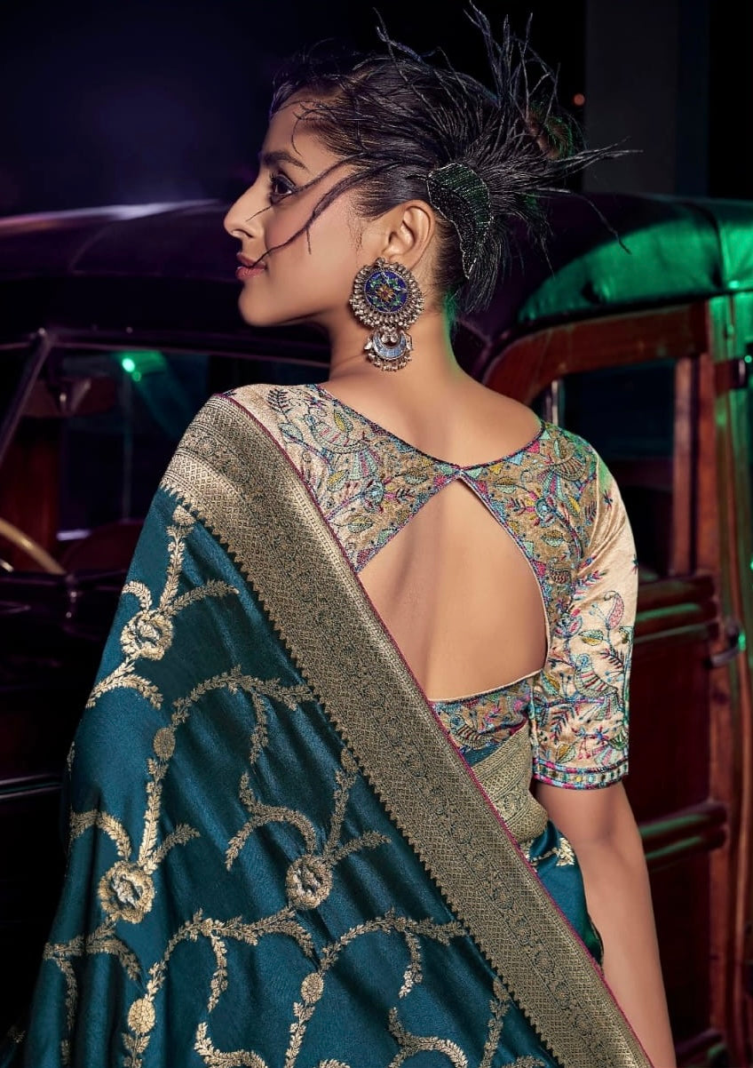 Turquoise Color Banarasi Silk Readymade/Easy Saree