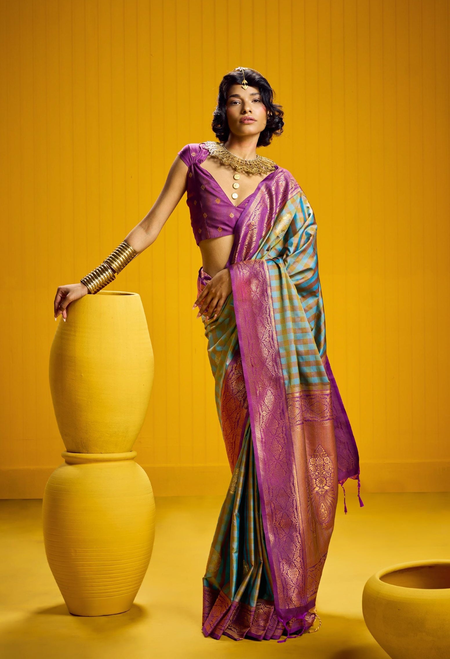 Turquoise-Pink Checks Readymade/Easy Kanjivaram Saree - Panaash Saree