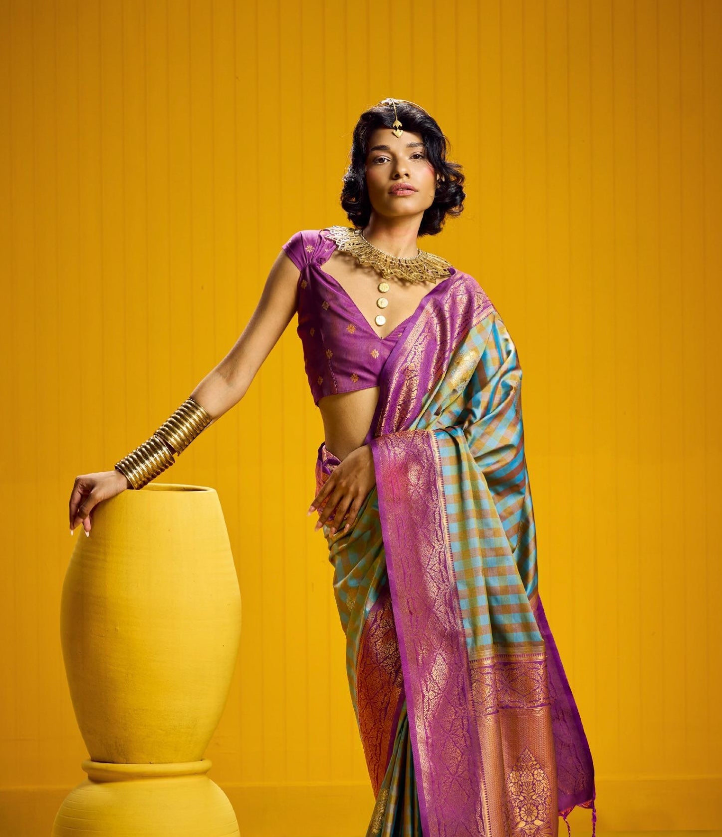 Turquoise-Pink Checks Readymade/Easy Kanjivaram Saree - Panaash Saree