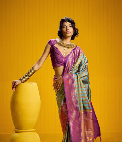 Turquoise-Pink Checks Readymade/Easy Kanjivaram Saree - Panaash Saree