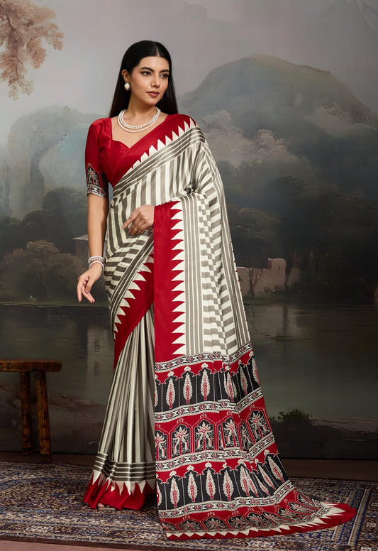 Red Stripe Crepe Silk Readymade/Easy Saree