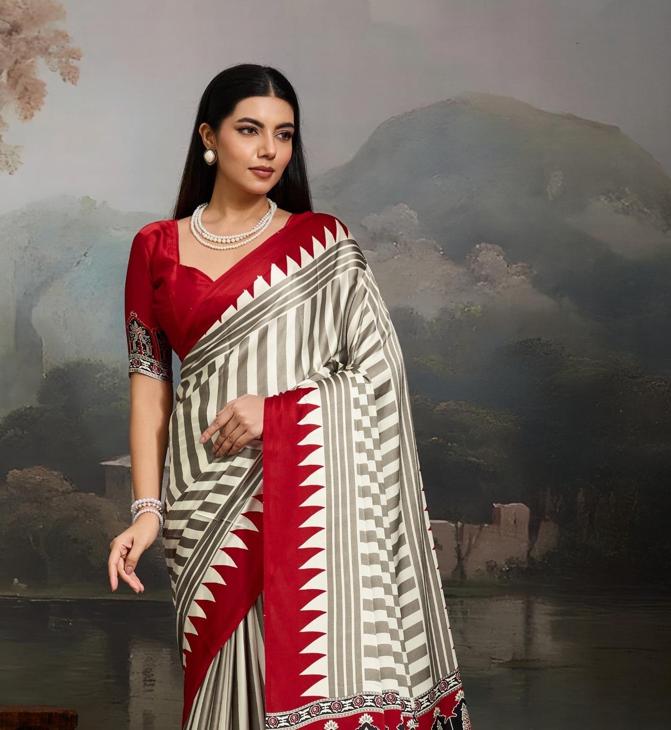 Red Stripe Crepe Silk Readymade/Easy Saree