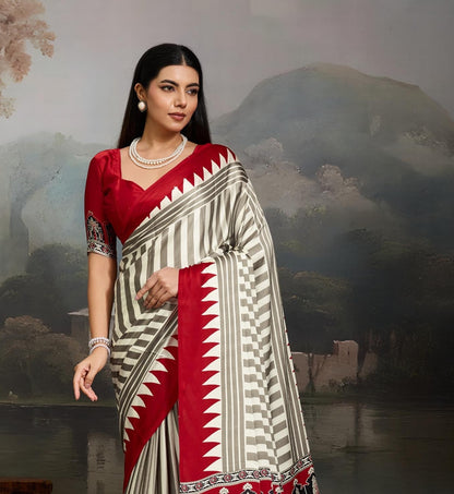 Red Stripe Crepe Silk Readymade/Easy Saree
