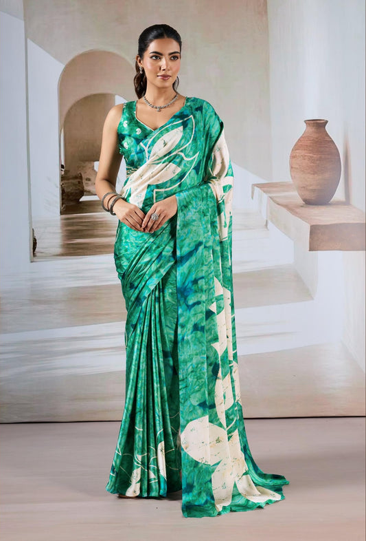 Green and white Crepe Silk Readymade/Easy Saree