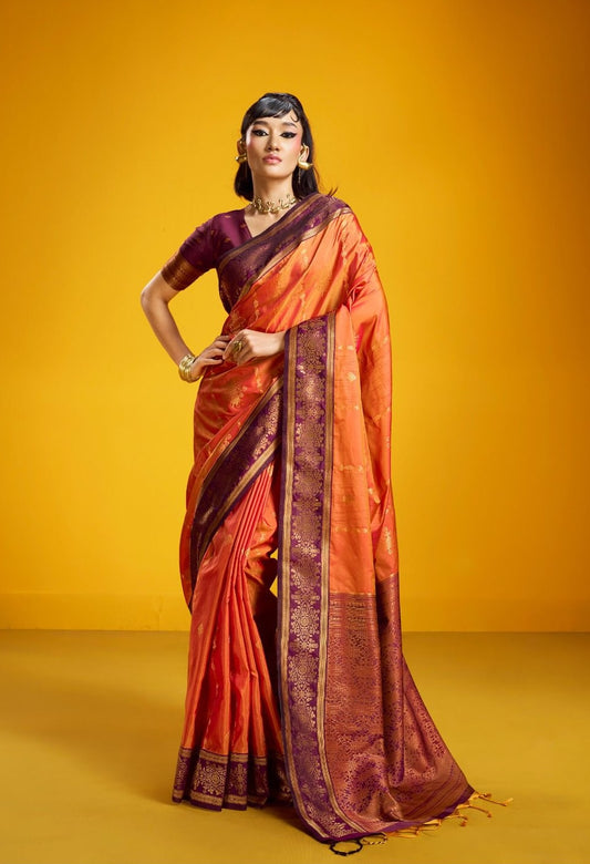 Orange Kanjivaram Silk Ready To Wear/Easy Saree - Panaash Saree
