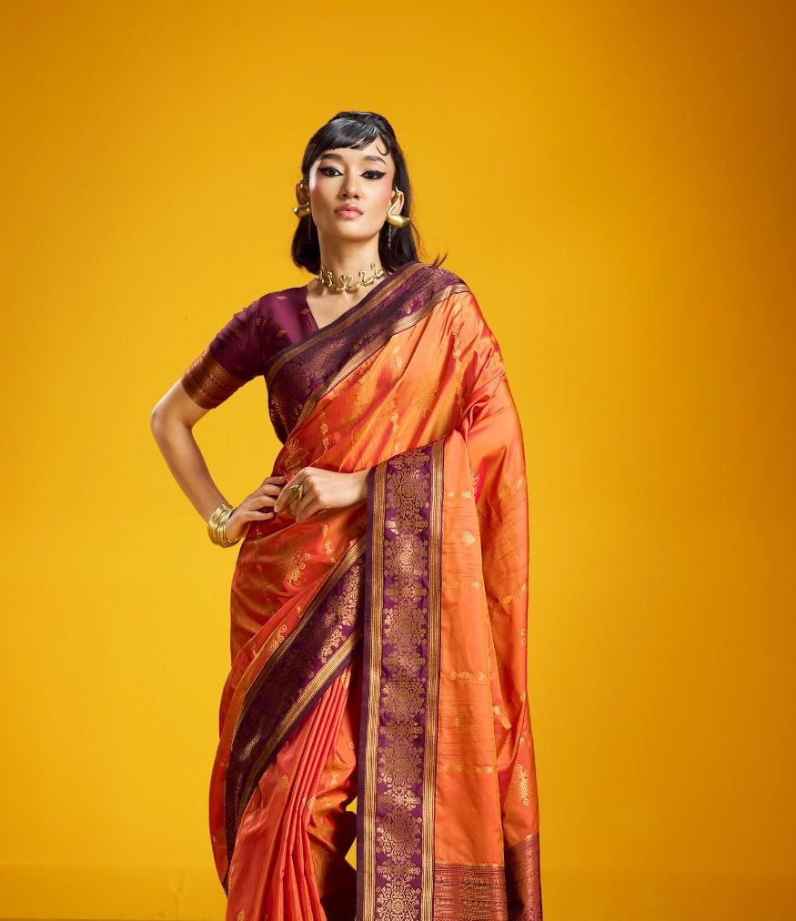 Orange Kanjivaram Silk Ready To Wear/Easy Saree - Panaash Saree
