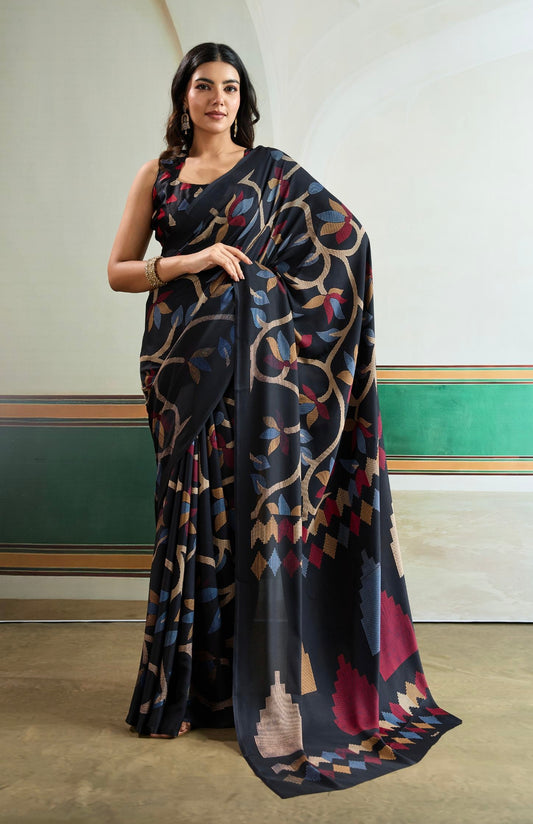 Black Crepe Silk  Readymade/Easy Saree