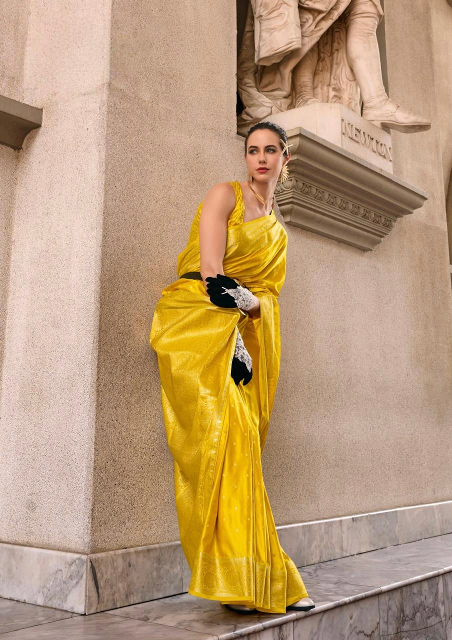Yellow Satin Silk Readymade/Easy Saree - Panaash Saree