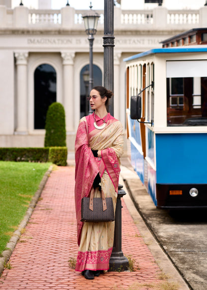 Off White Color Ikkat Silk Readymade/Easy Saree