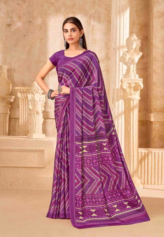 Purple patterned crepe-silk ready-to-wear saree with draped pallu and short-sleeve blouse