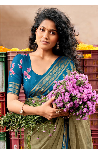 Sage Green Cotton Ready To Wear/Easy Saree by Stylebypanaash 