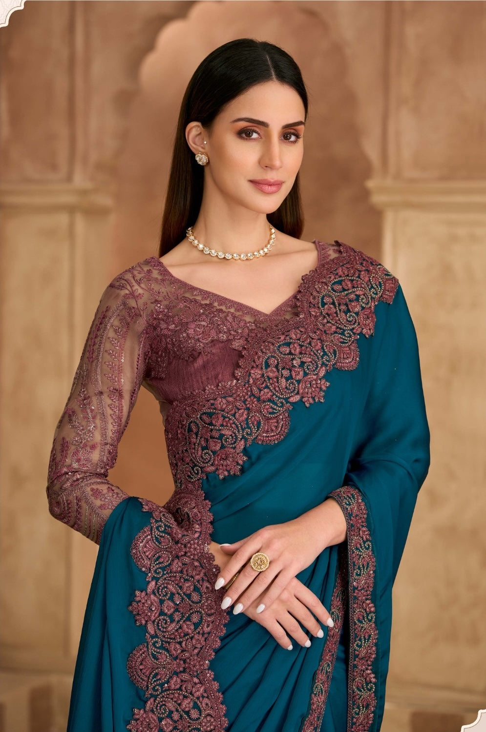 Peacock Teal Cocktail Party Wear Readymade Saree