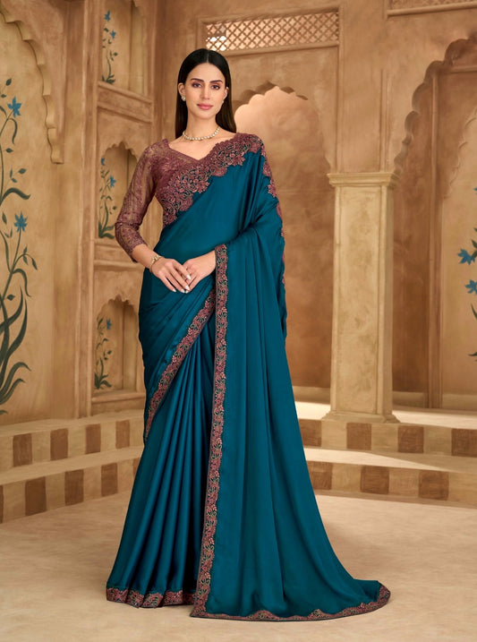 Peacock Teal Cocktail Party Wear Readymade Saree