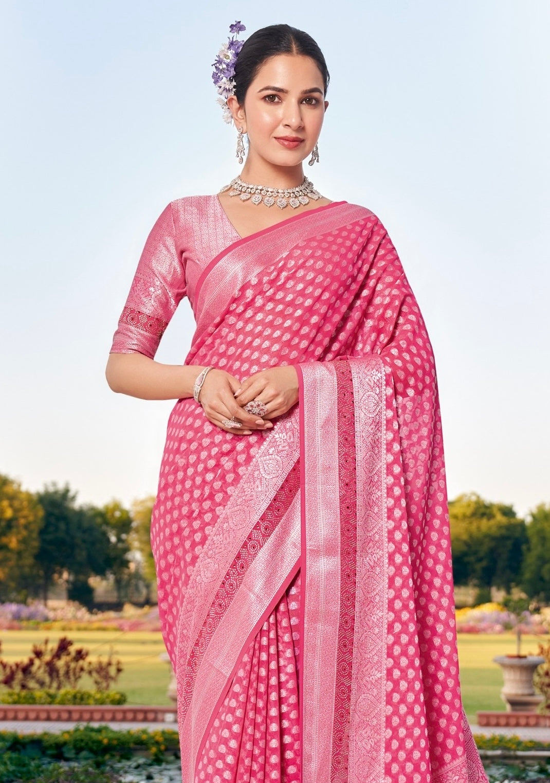 Pink Georgette With Stonework Readymade/Easy Saree