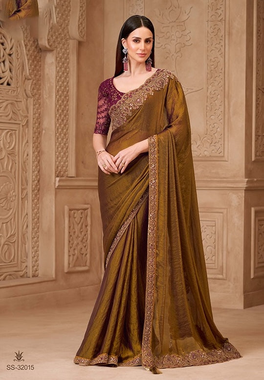 Bright Golden Cocktail Party Wear Readymade Saree