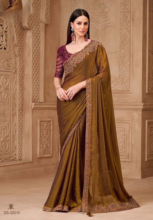 Bright Golden Cocktail Party Wear Readymade Saree