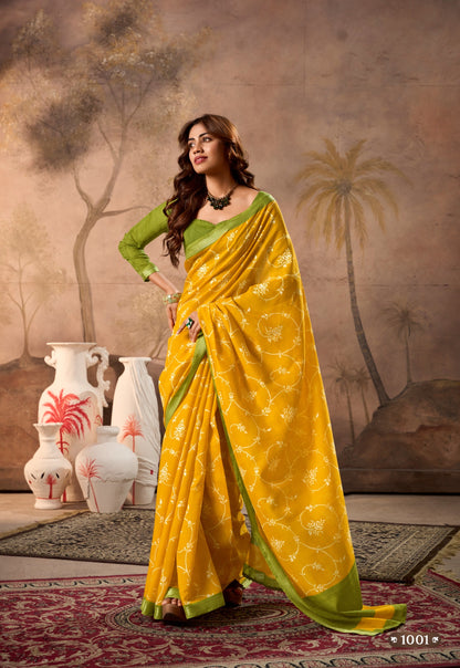 Yellow Mul Mul Cotton Easy/Readymade Saree