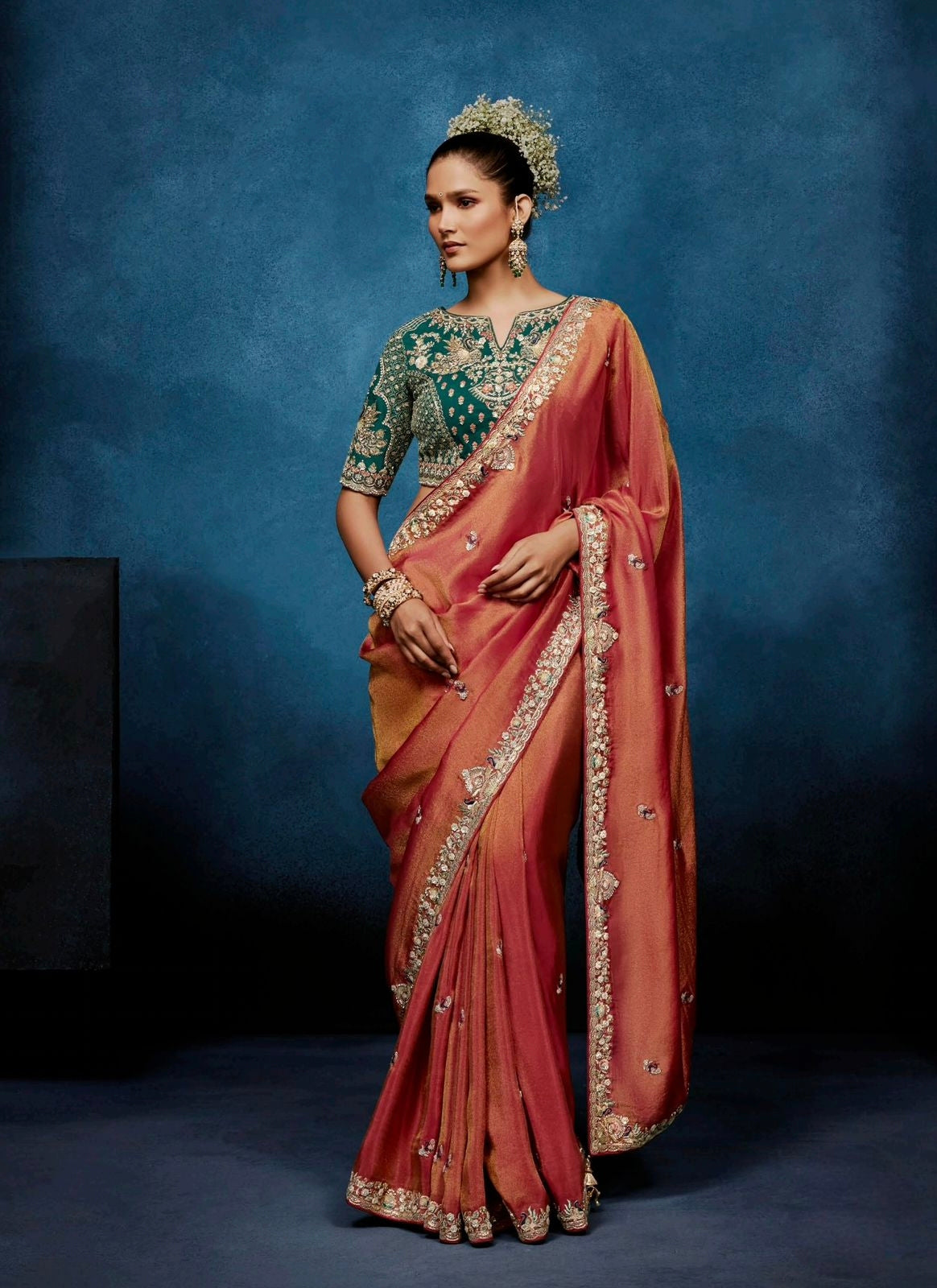 Reddish Orange Tissue Silk Ready to wear/Easy Saree - Panaash Saree