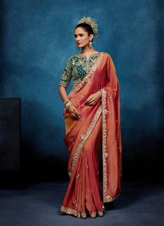 Reddish Orange Tissue Silk Ready to wear/Easy Saree - Panaash Saree