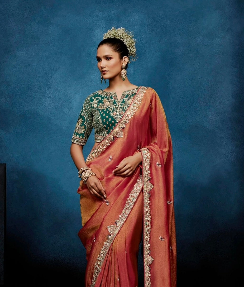 Reddish Orange Tissue Silk Ready to wear/Easy Saree - Panaash Saree