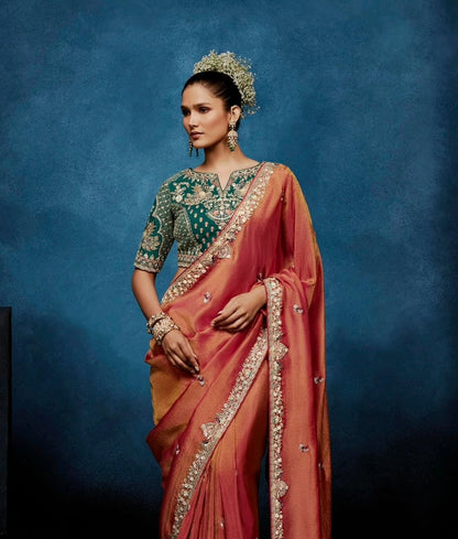 Reddish Orange Tissue Silk Ready to wear/Easy Saree - Panaash Saree