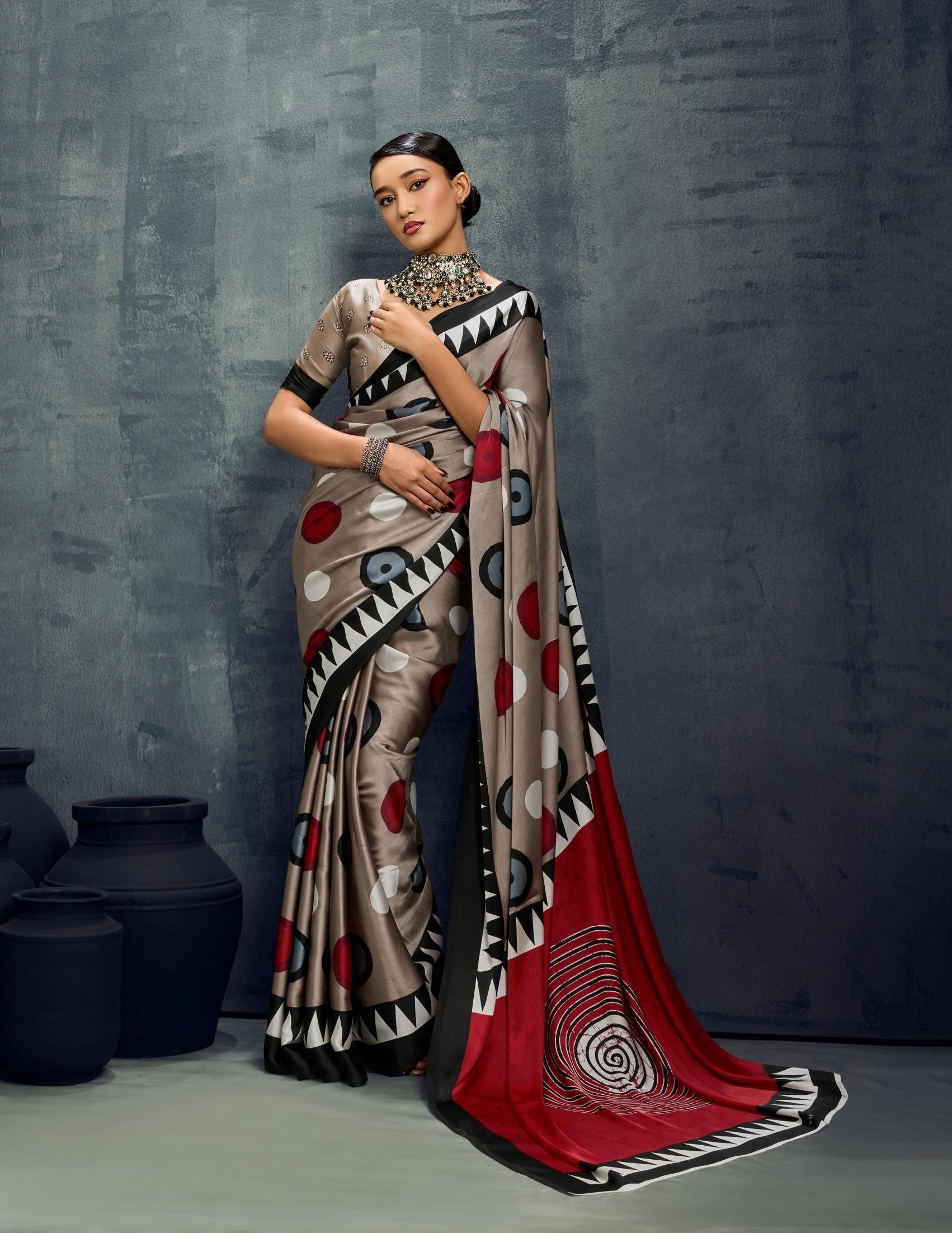 Taupe Grey Crepe Silk Normal Drape Saree - Panaash Saree