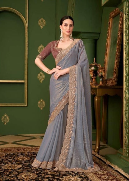 Steel Blue Cocktail Ready To Wear/Easy Saree - Panaash Saree