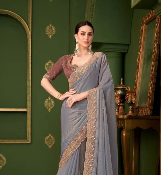 Steel Blue Cocktail Ready To Wear/Easy Saree - Panaash Saree