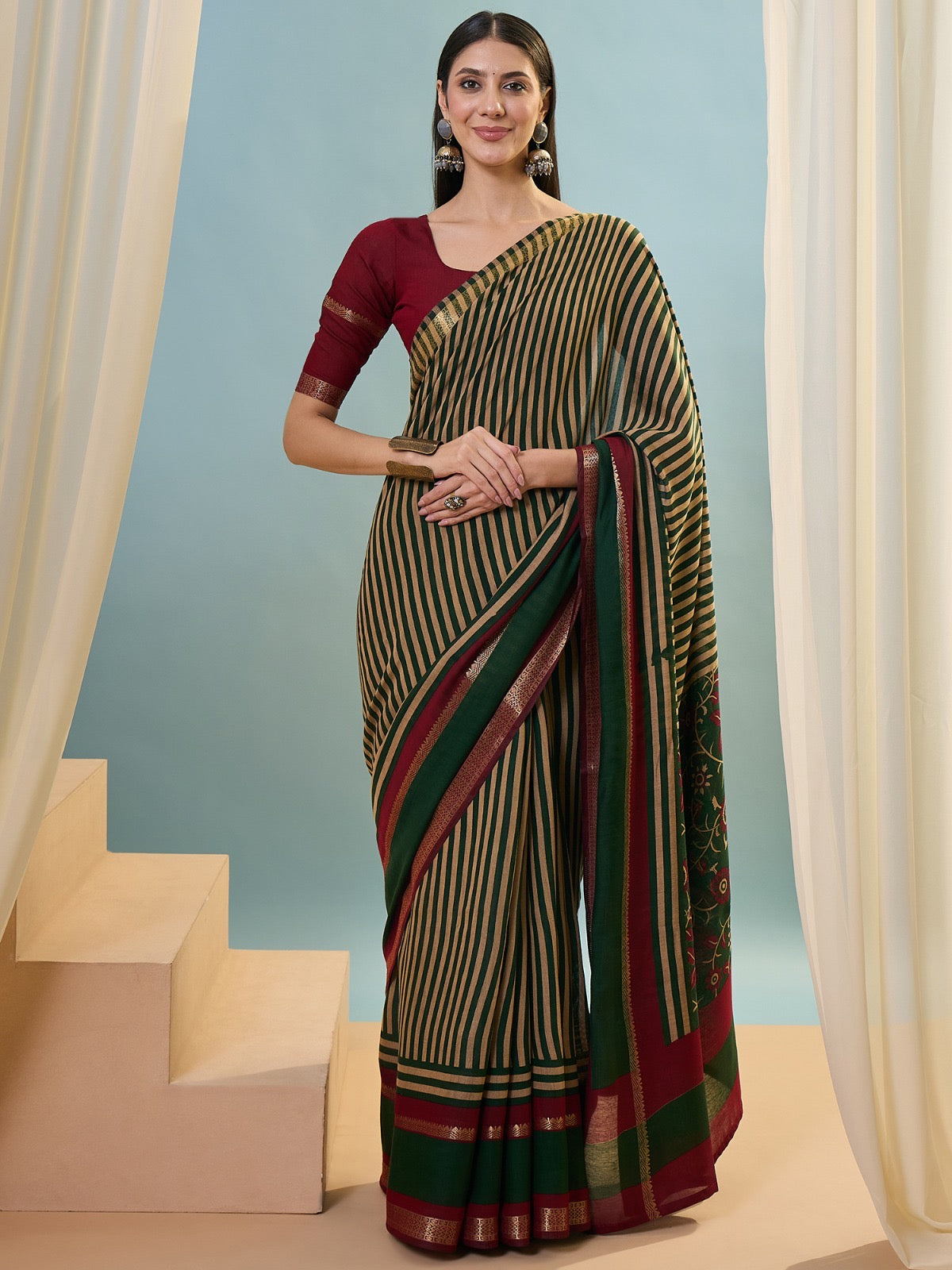 Green Striped Mul Cotton Ready To Wear/Easy Saree