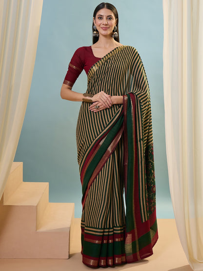 Green Striped Mul Cotton Ready To Wear/Easy Saree