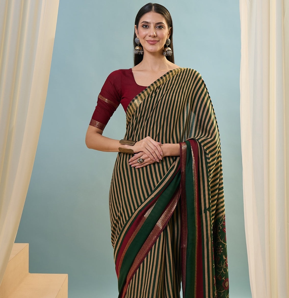 Green Striped Mul Cotton Ready To Wear/Easy Saree