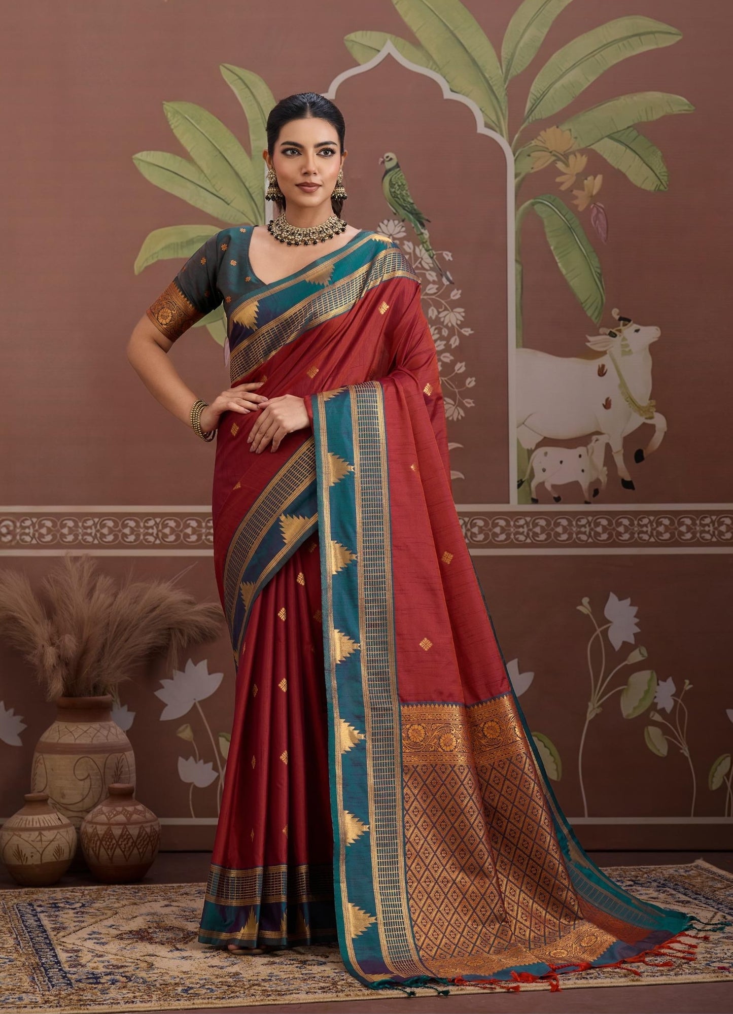 Maroon Color Tussar Silk Readymade/Easy Saree