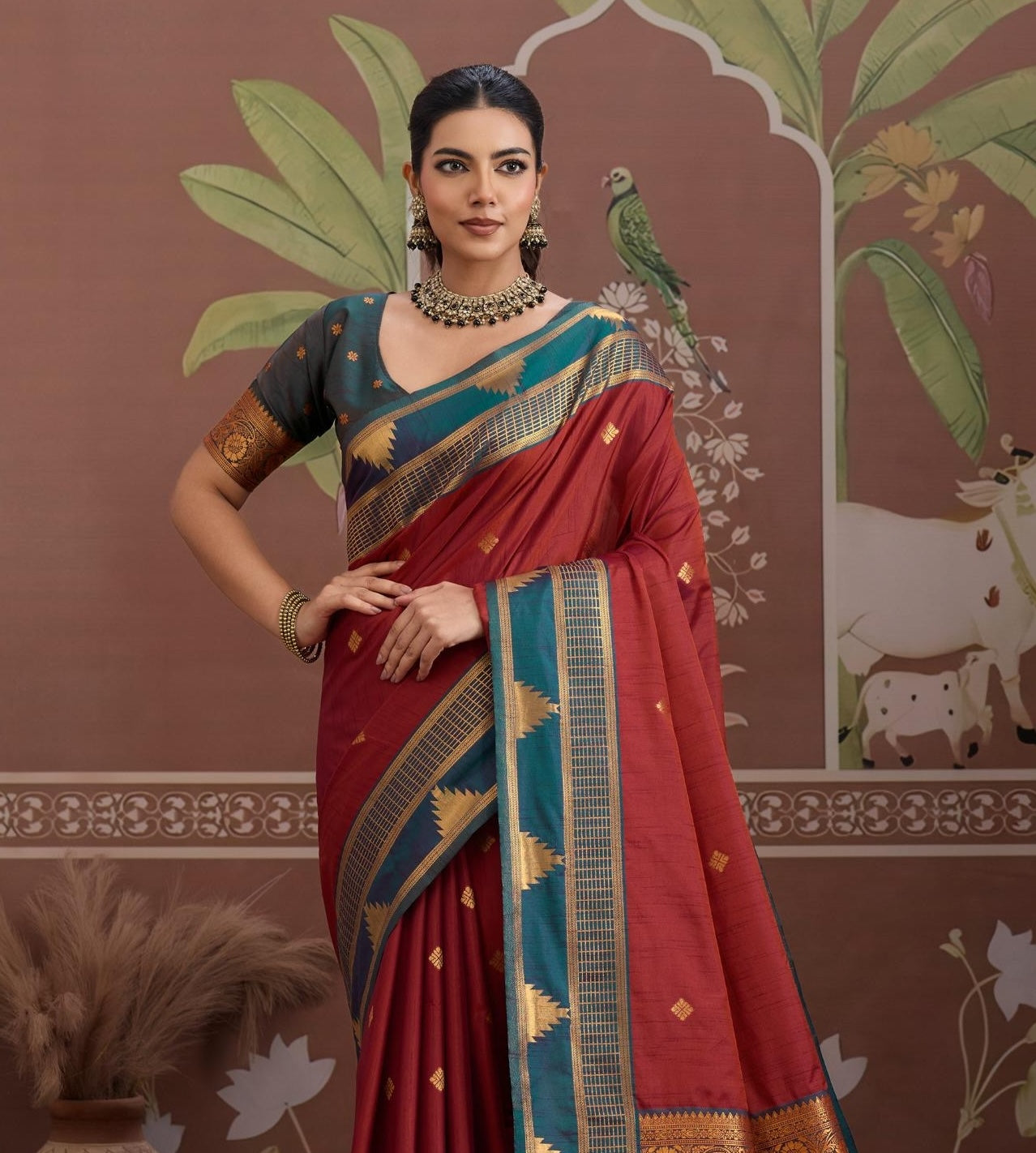 Maroon Color Tussar Silk Readymade/Easy Saree