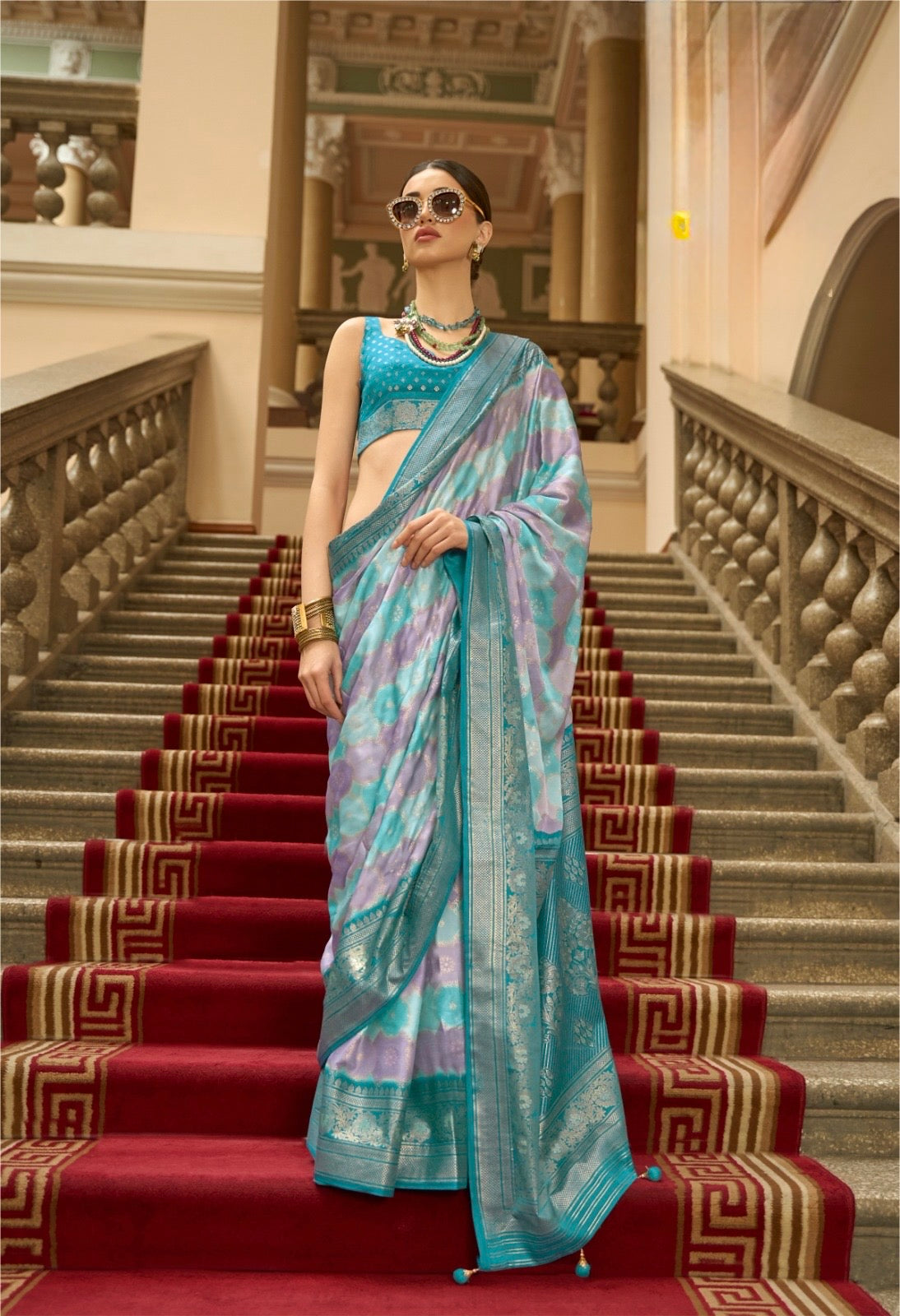 Light Blue Color Satin Silk Readymade/Easy Saree