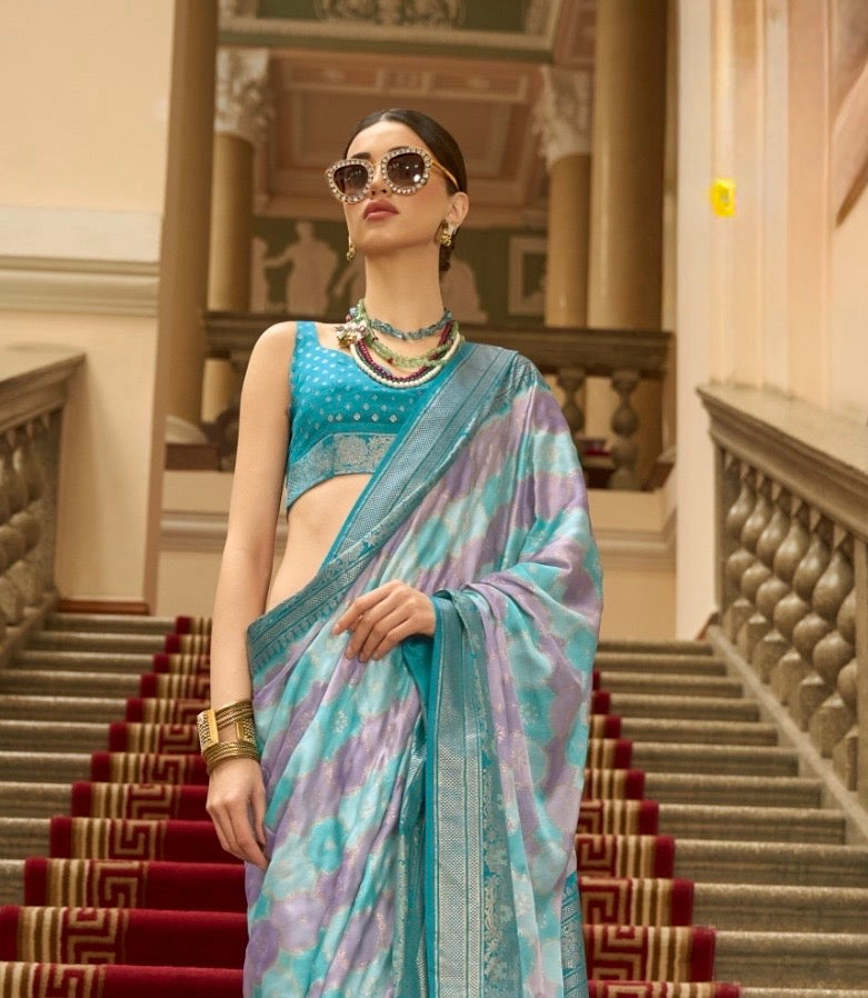 Light Blue Color Satin Silk Readymade/Easy Saree