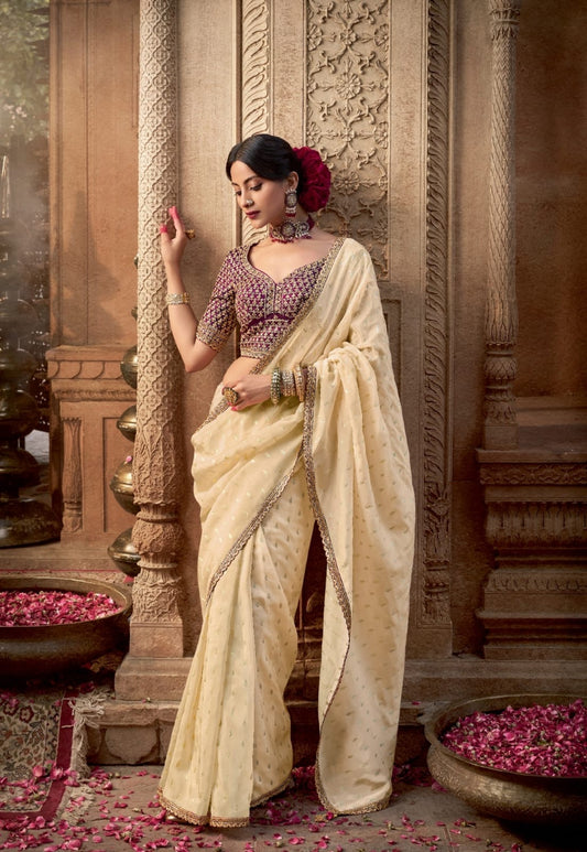 Off White Soft Banarasi Silk Readymade/Easy Saree
