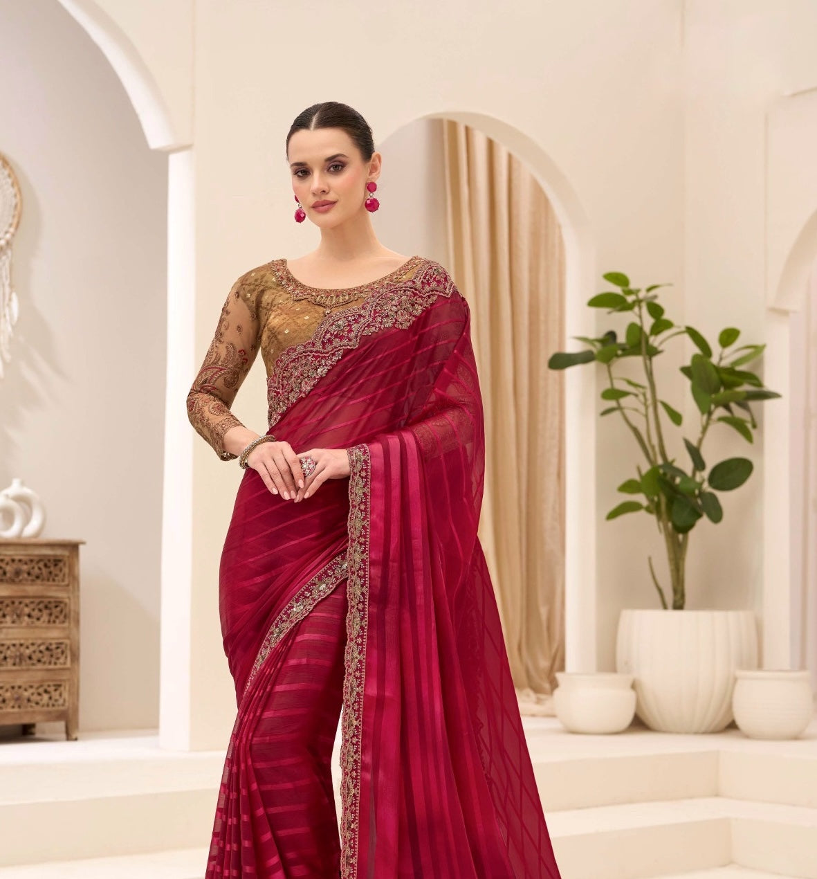 Rich Red Cocktail Party Wear Readymade Saree