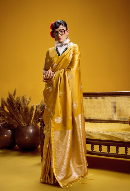 Yellow Satin Silk Ready To Wear/Easy Saree - Panaash Saree