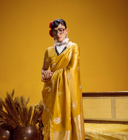 Yellow Satin Silk Ready To Wear/Easy Saree - Panaash Saree