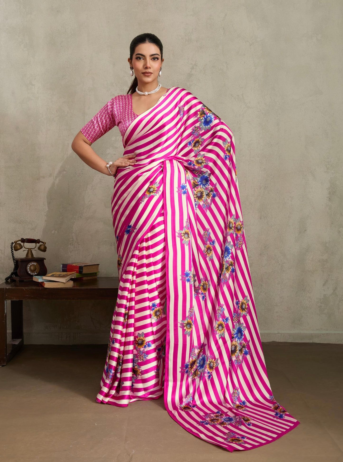 Pink and white Stripe Crepe Silk Readymade/Easy Saree
